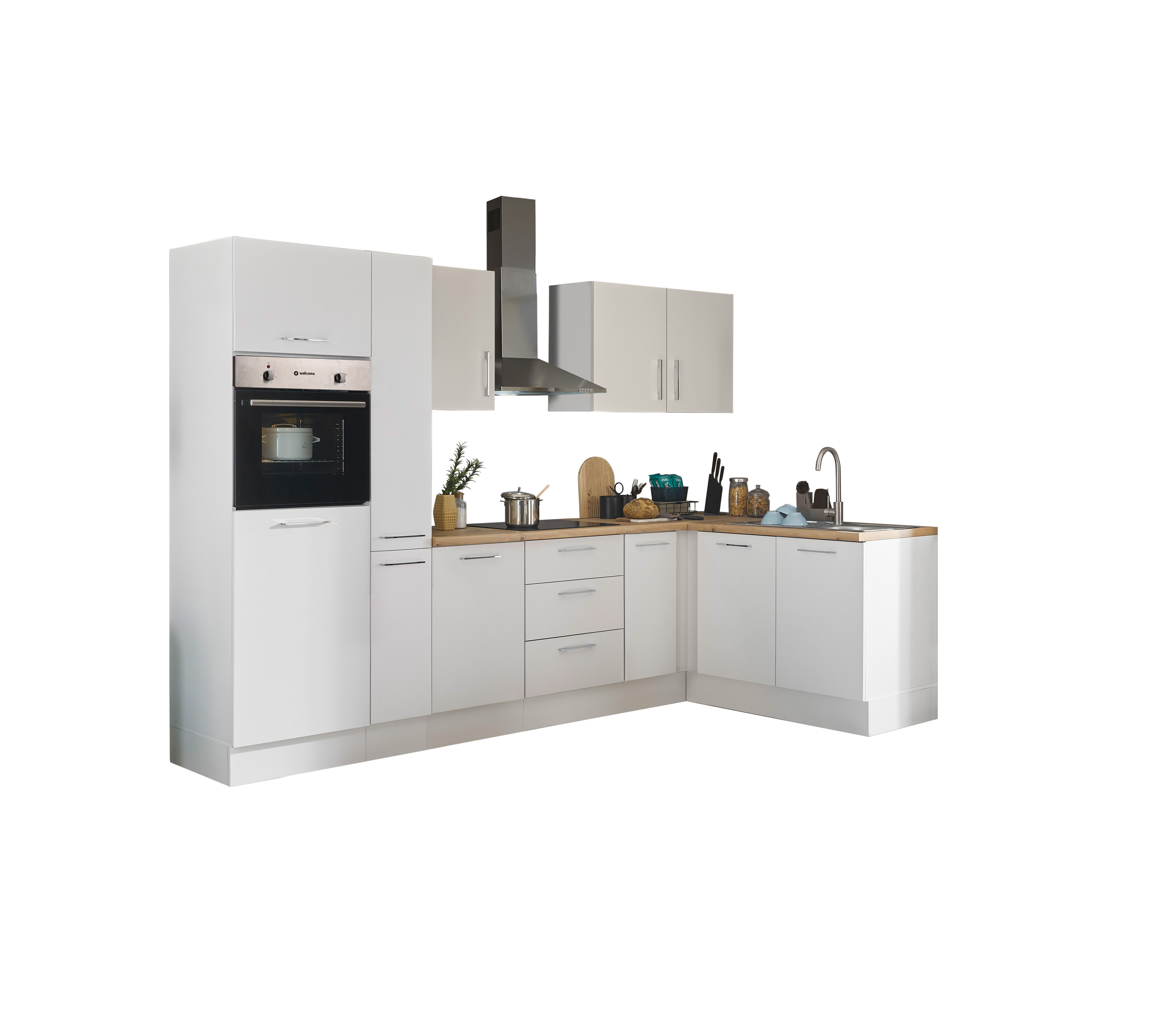 Küchenblock mit E-Geräten CORNWALL (Ecke-Backofen-Kühlschrank-Apotheker) I Küchenblock mit E-Geräten CORNWALL (Ecke-Backofen-Kühlschrank-Apotheker) I