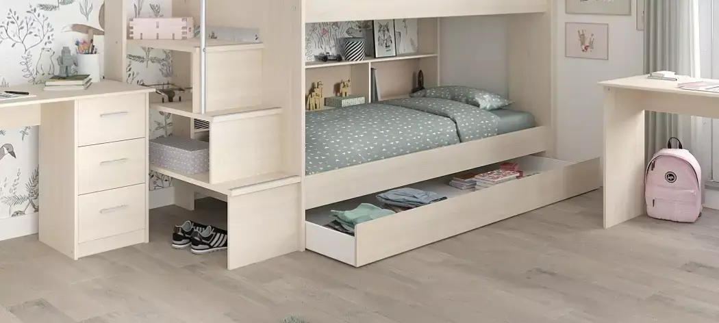 Etagenbett mit Bettschubkasten und 2 Schreibtischen BIBOP 73 aus Akazie Holznachbildung