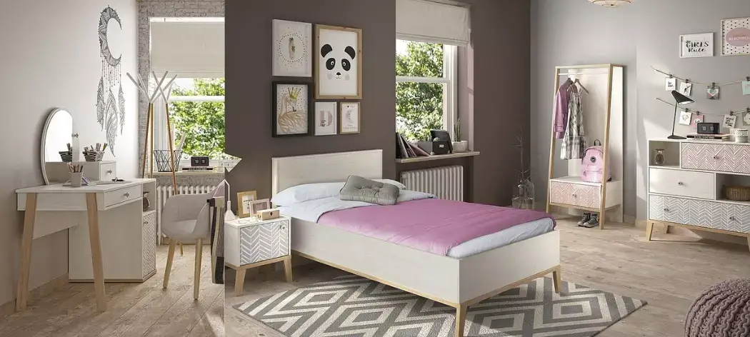 Jugendzimmer 6-teilig mit 90-iger Bett ALIKA 2 aus Kastanie Holznachbildung gebleicht