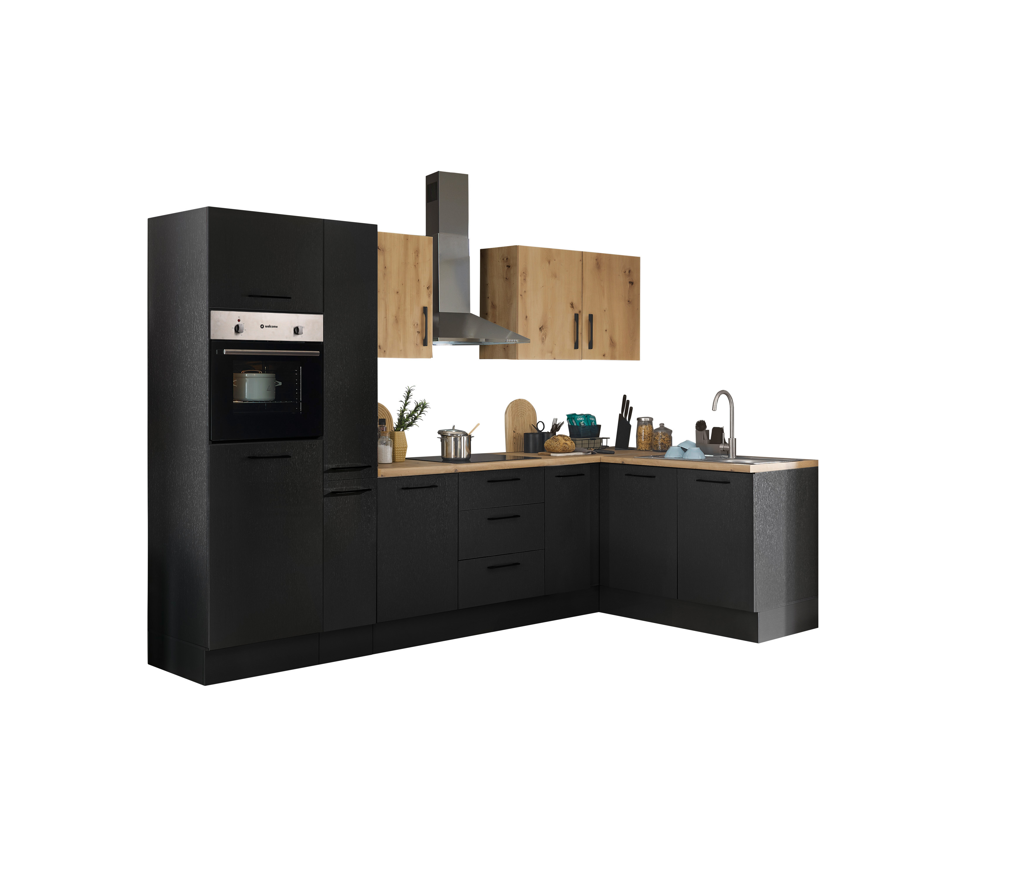 Küchenblock mit E-Geräten CORNWALL (Ecke-Backofen-Kühlschrank-Apotheker) V Küchenblock mit E-Geräten CORNWALL (Ecke-Backofen-Kühlschrank-Apotheker) V