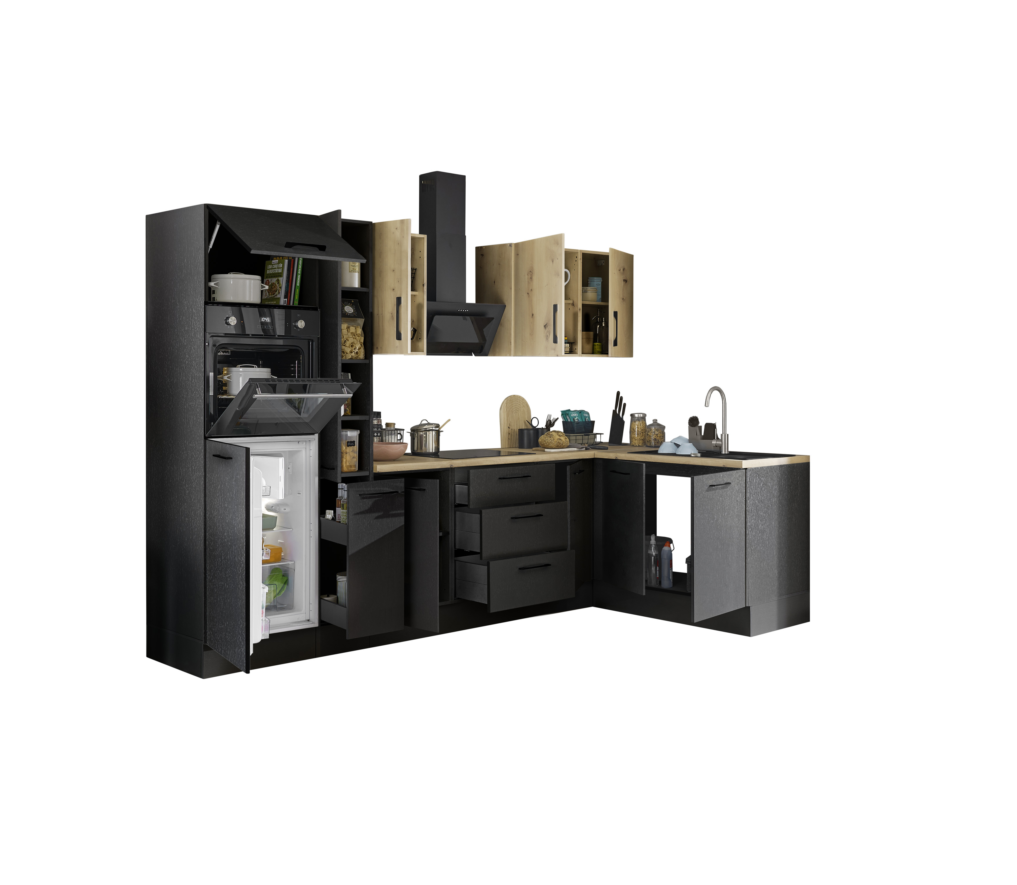 Küchenblock mit E-Geräten CORNWALL (Ecke-Backofen-Kühlschrank-Apotheker) VI