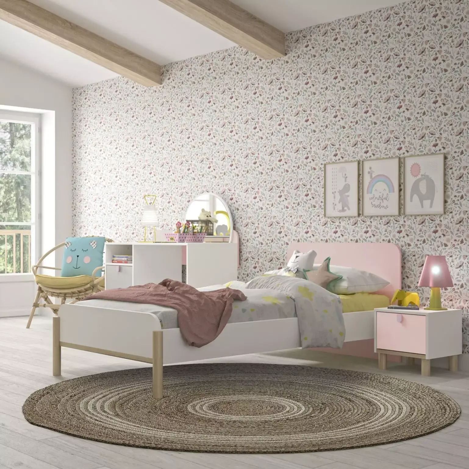 Kinderzimmer 5-teilig LUCIA in Weiß kombiniert mit Rosa und Grau