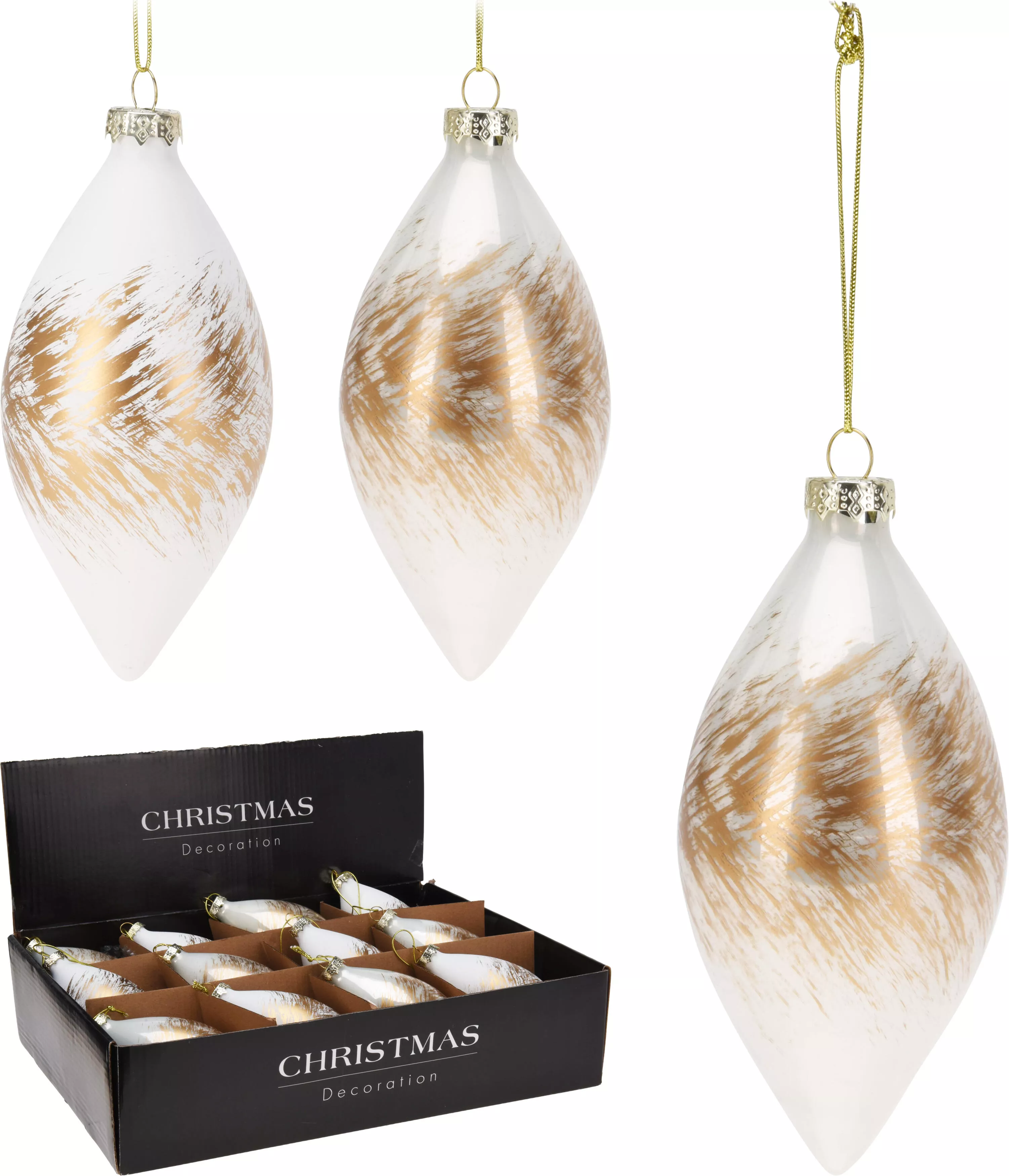 Weihnachtskugel Tropfen weiß/gold CHRISTMAS