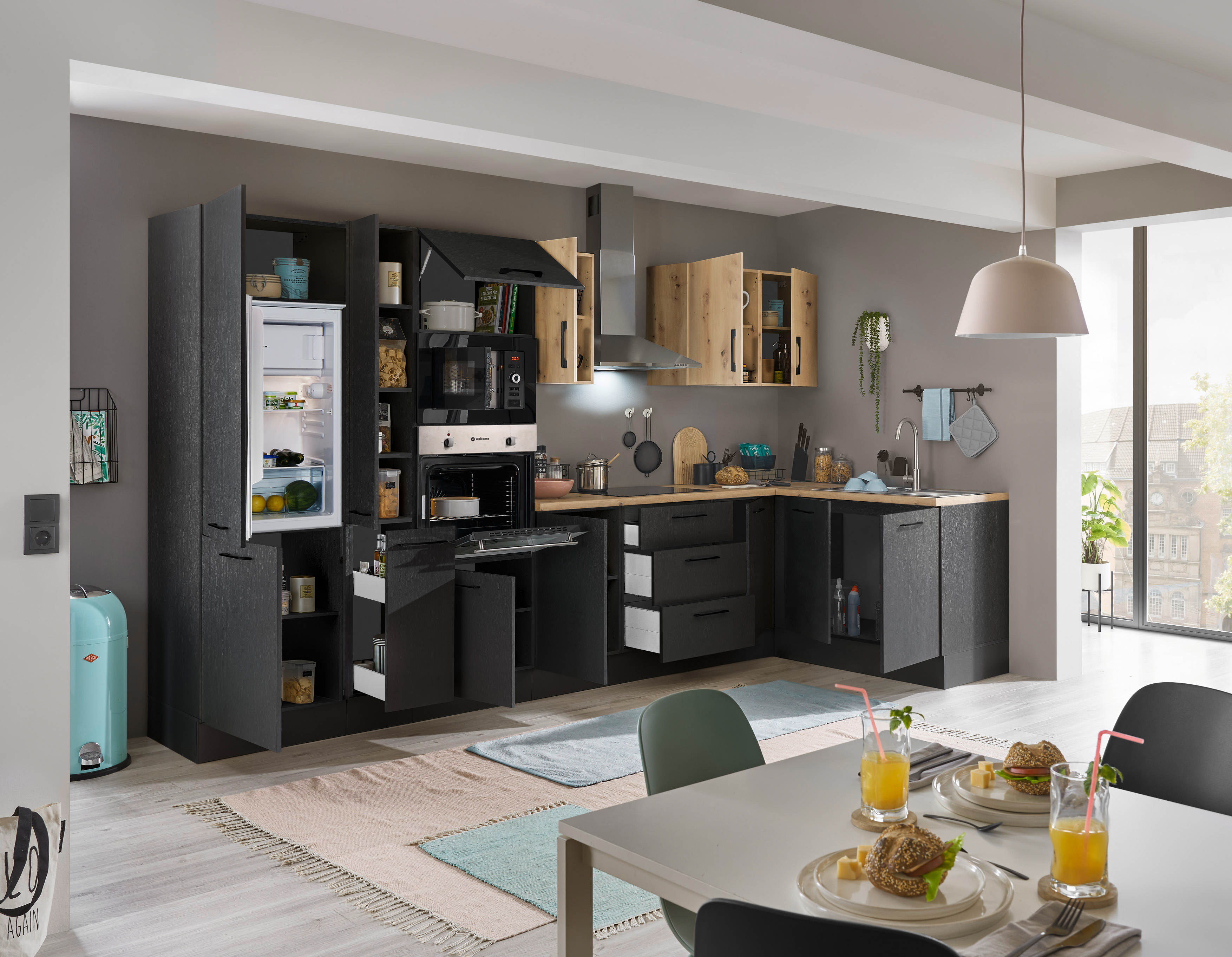 Küchenblock mit E-Geräten CORNWALL (Ecke-Backofen-Kühlschrank-Mikrowelle-Apotheker) III