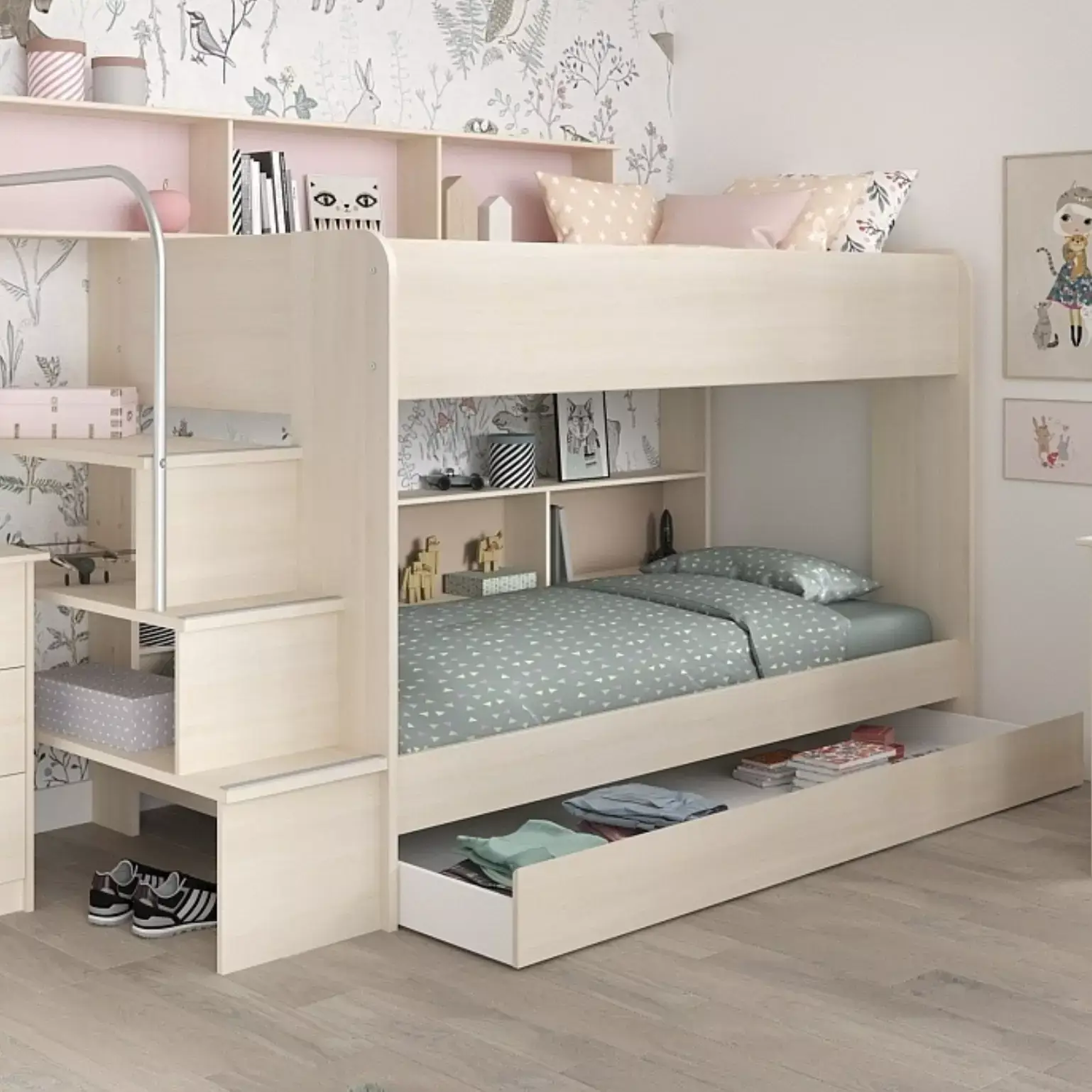 Etagenbett mit Bettschubkasten und 2 Schreibtischen BIBOP 73 Etagenbett mit Bettschubkasten und 2 Schreibtischen BIBOP 73 aus Akazie Holznachbildung