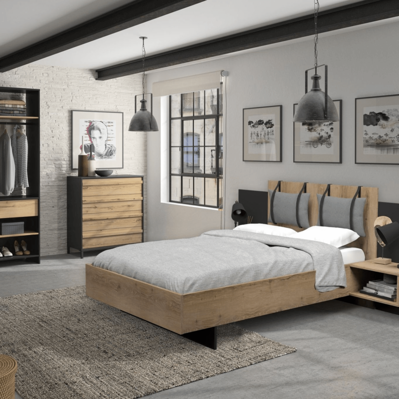 Schlafzimmer 4-teilig MIMIZAN im modernen Industrial Look, Eiche Helvezia Holznachbildung kombiniert mit Absetzungen in Schwarz, 
