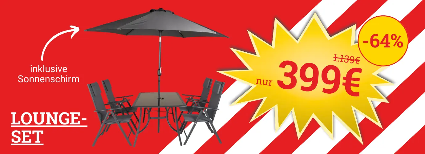 DEAL der Woche! Garten-Essgruppe inklusive Sonnenschirm. Hier entdecken>
