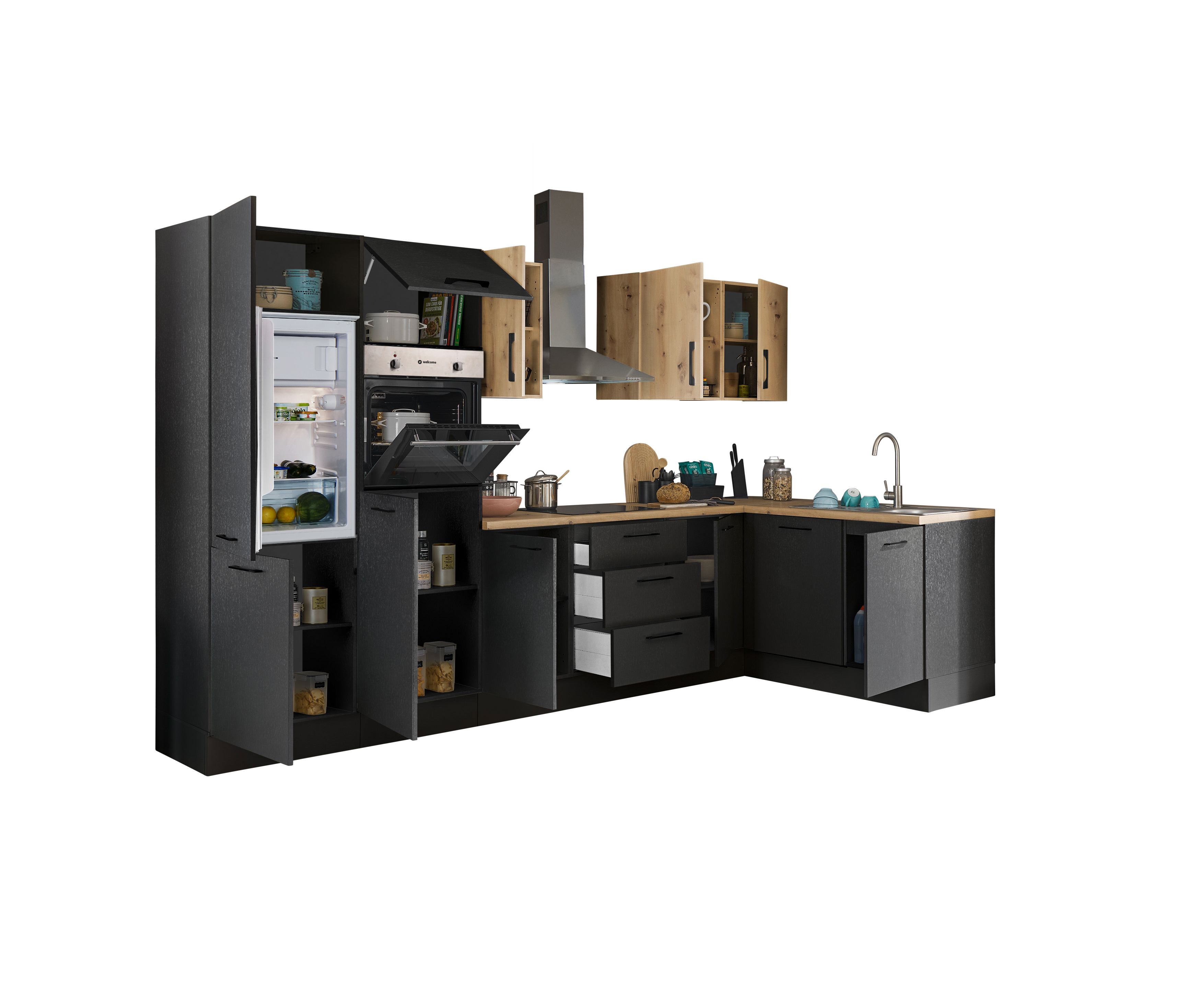 Küchenblock mit E-Geräten CORNWALL (Ecke-Backofen-Geschirrspüler-Kühlschrank) XI