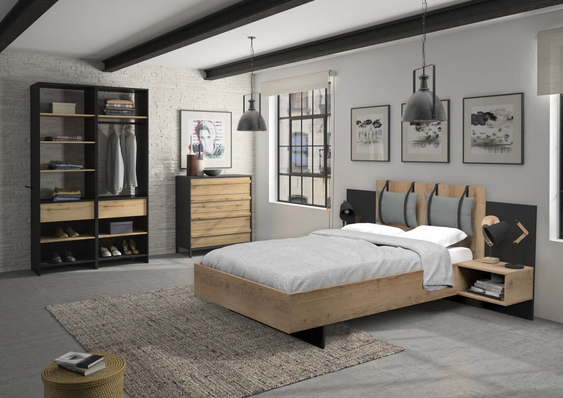 Schlafzimmer 4-teilig MIMIZAN im modernen Industrial Look, Eiche Helvezia Holznachbildung kombiniert mit Absetzungen in Schwarz, 