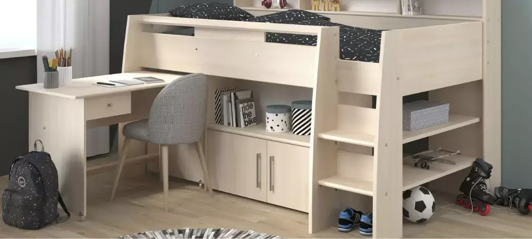 Hochbett CHARLY 2 mit integrierter Leiter, 1 ausziehbarer Schreibtisch auf Rollen mit 1 Schubkasten, 1 integrierte 2-türige Kommode, darüber 1 großes Fach, Ablagefächer an der Bettseite und am Bettende