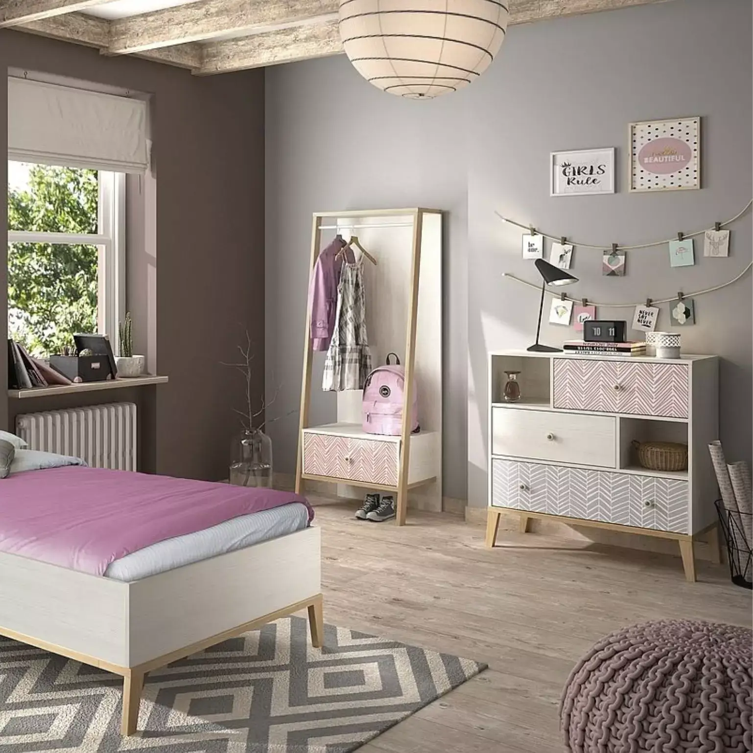 Jugendzimmer 6-teilig mit 90-iger Bett ALIKA 2 aus Kastanie Holznachbildung gebleicht