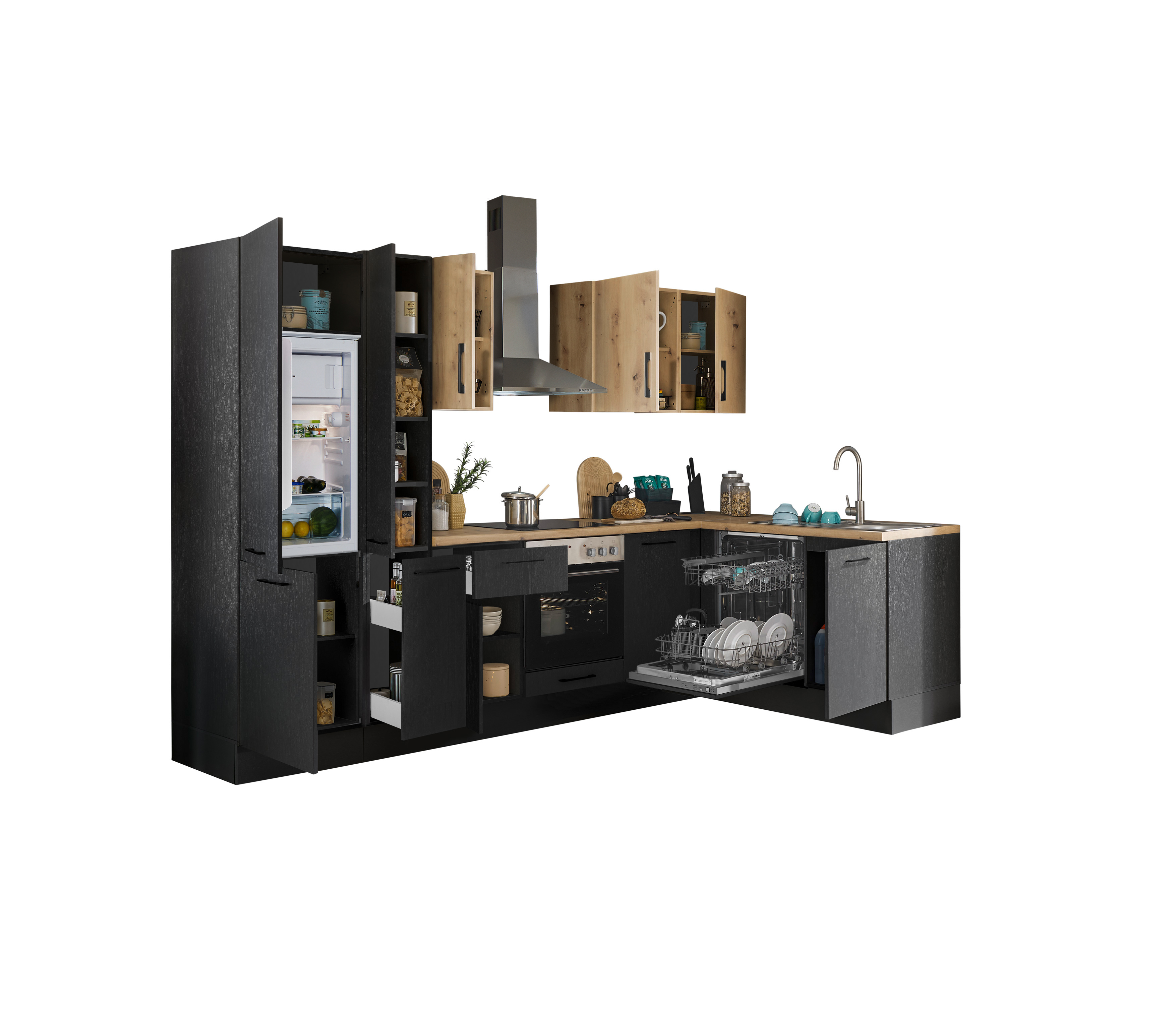 Küchenblock mit E-Geräten CORNWALL (Ecke-Geschirrspüler-Kühlschrank-Apotheker) III
